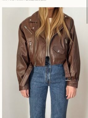Lamarque Brown Leather Cropped Moto Jacket